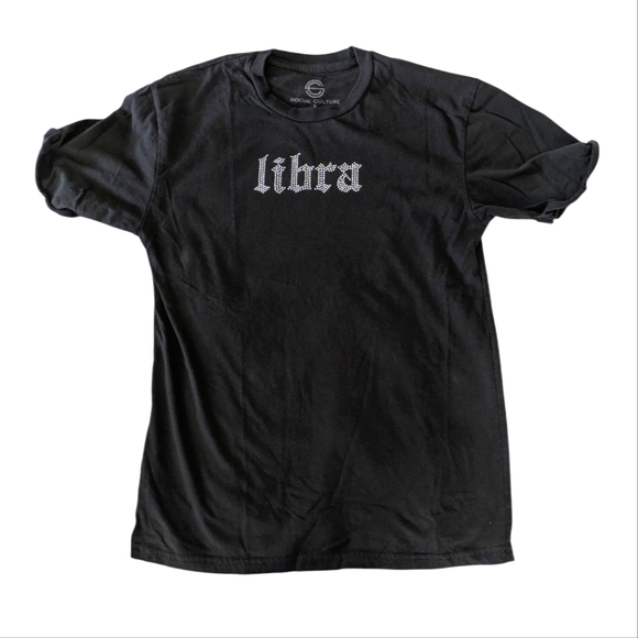 Black Rhinestone Libra T-Shirt Astrology Zodiac Sign Tee Y2K Graphic Top M - Picture 1 of 7